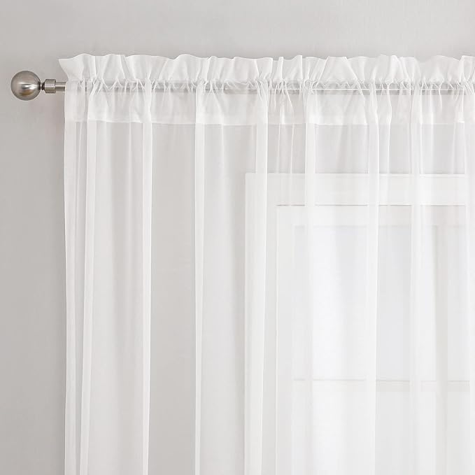 VISIONTEX White Sheer Voile Curtains, Decorative White Embossed Drip Rod Pocket - Image 3