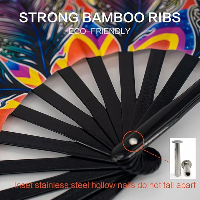 13" Large Rave Fan Bamboo, Folding Clack Hand Fans Foldable - Image 4