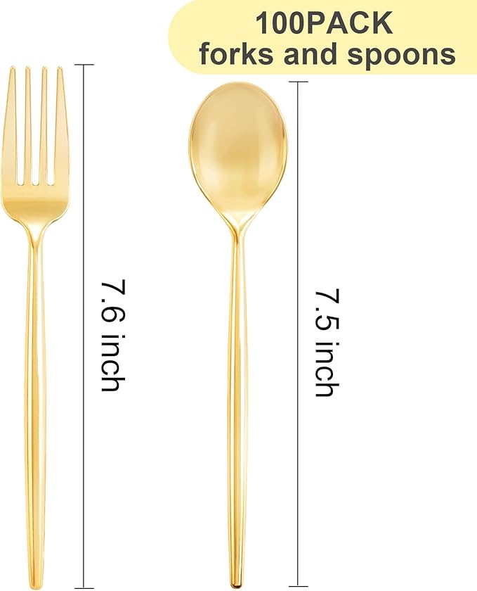 SUT 100PCS Gold Plastic Forks and Spoons Heavy Duty Set, Plastic Flatware - Image 2