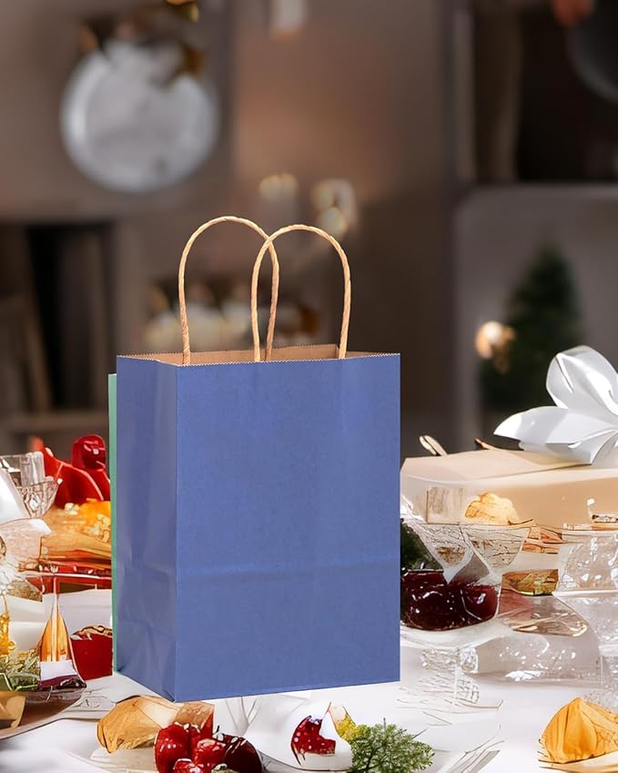 qiqee 50-Packs Gift Bag with Handles Bulk Kraft Deep Blue Paper Bags Multiple - Image 5