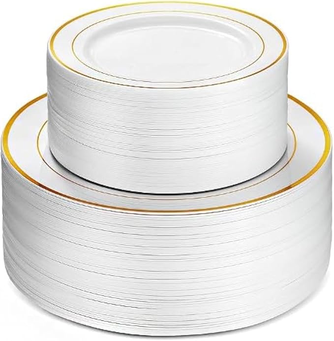 Neatiffy100 Pcs Gold Rim Plastic Dinnerware Set | 50 x | by NEATIFFY