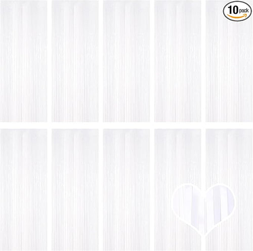 10 Pack White Backdrop Curtain 3.2ft x 8.2ft Metallic Tinsel Foil Fringe by Ohiyoo