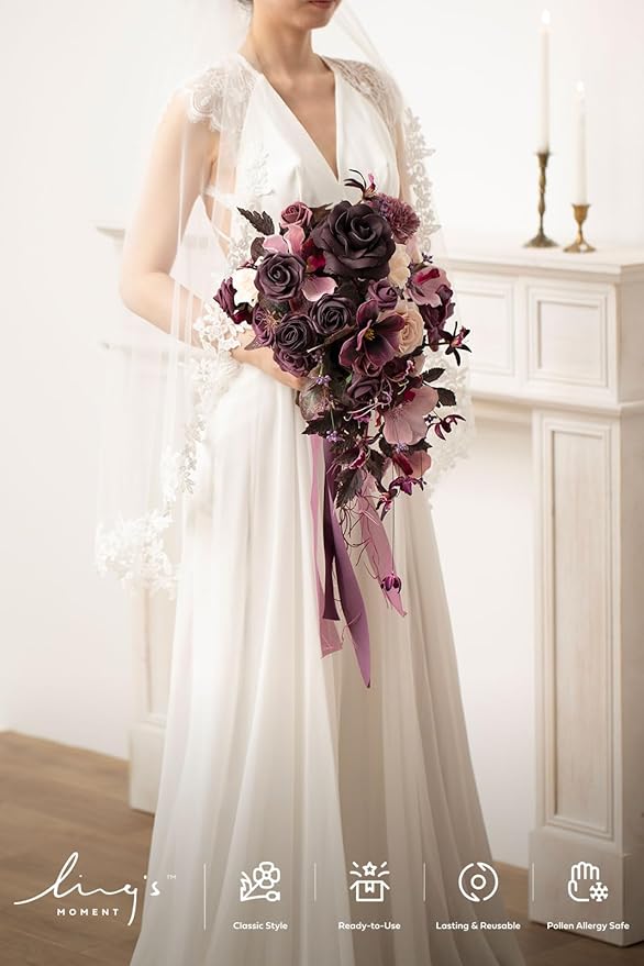 Ling's moment Purple Bridal Bouquet Cascading, Plum Wedding Bouquets - Image 4