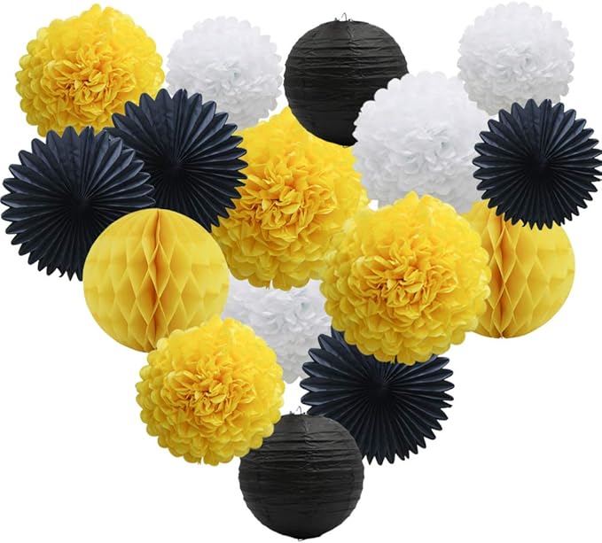 Yellow White Black Party Decorations 16pcs Paper Pom Poms Honeycomb Balls by ADLKGG