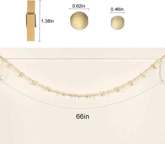Hanging Photo Display With 12 Clips, Wooden Bead Garland 2PCS, Boho Style - Image 4