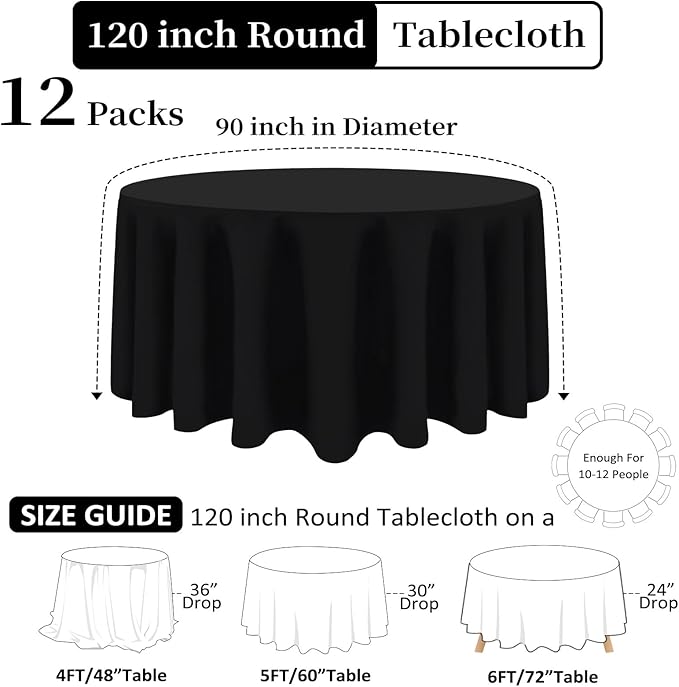 12 Pack Black Round Tablecloth 120 Inch Black Table Cloth Stain and Wrinkle - Image 2