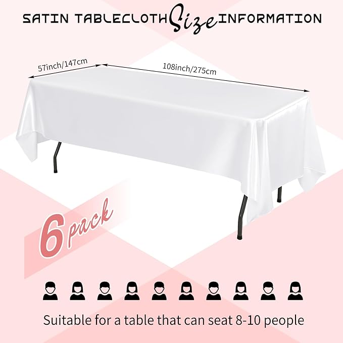 6 Packs Satin Tablecloth 57 x 108 Inch White Rectangular Table Cloth Silk - Image 2