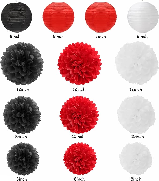 Red-Black White Party-Decorations Paper-Flowers Lanterns - Image 3