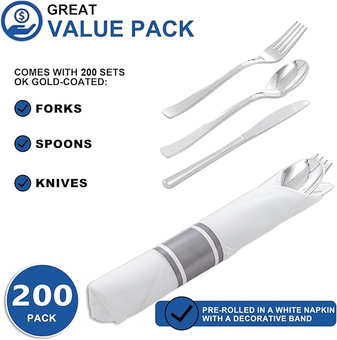200Guests Pre Rolled Silver Plastic Silverware Sets - Image 4