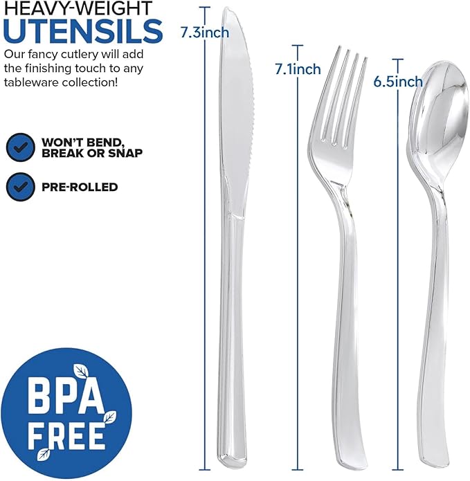 400PCS Pre Rolled Silver Plastic Silverware Sets - Image 2