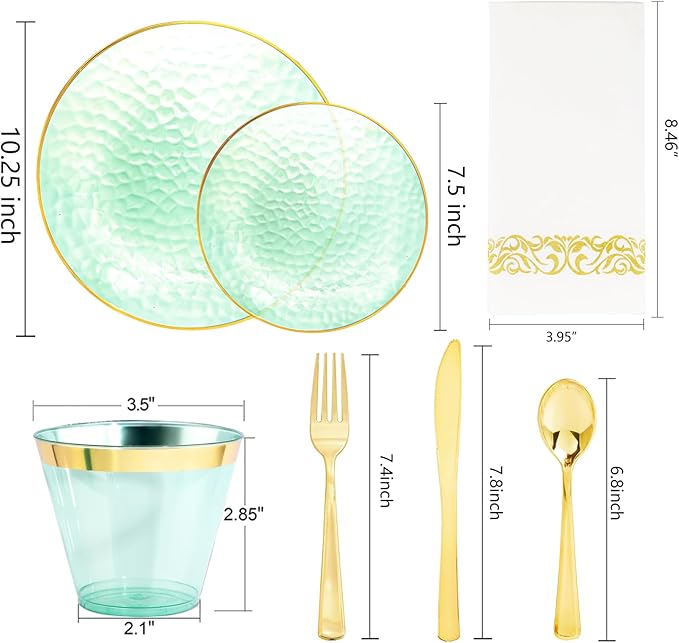 Rubtlamp 175 Pcs Green Plastic Plates Dinnerware Set, Hammered Plates Sets - Image 2