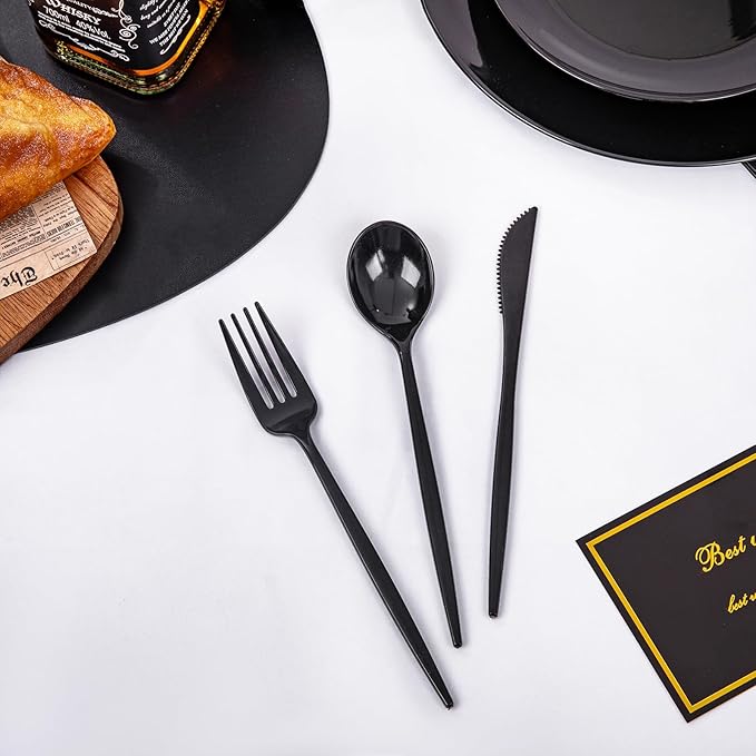 PULOTE 150PCS Black Plastic Silverware Set Disposable - Image 4