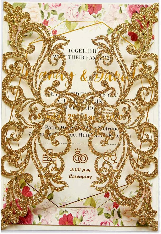 25PCS Gold Glitter Laser Cut Wedding Invitations Cards by Unknown