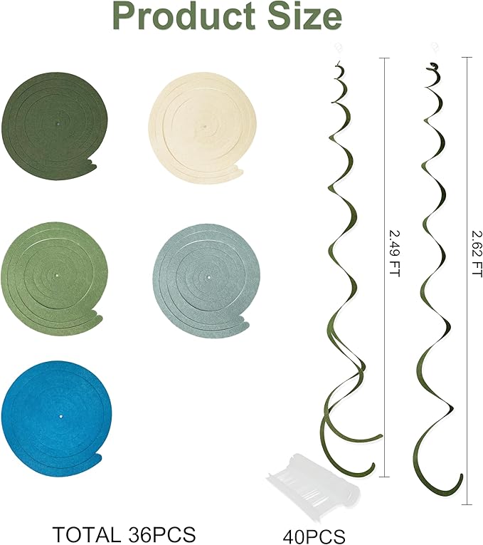 36 Pcs Sage Green Dusty Blue Hanging Swirl Decorations Blue Sage Green Felt - Image 2