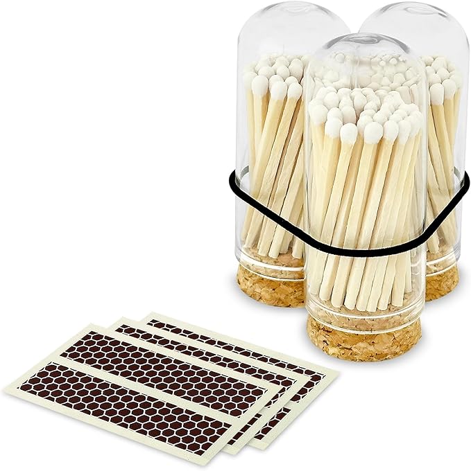 2" White Tip Matches with 3 Mini Cloche Jar + Striker Stickers Included | 100 by ThankfulGreetings