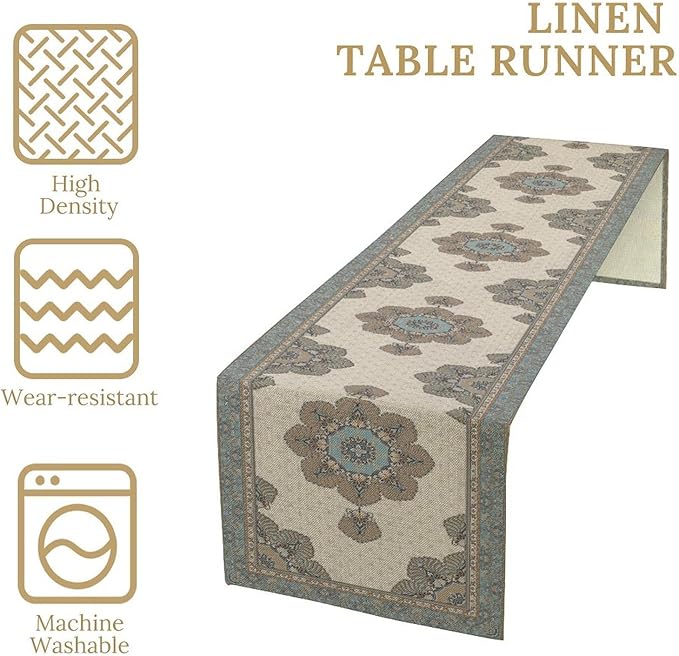 Boho Bohemia Style Table Runner, Vintage Teal Brown Retro Flower Rustic Country - Image 5
