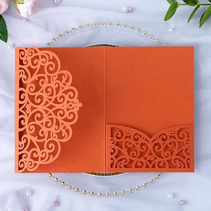 PONATIA 20 PCS Laser Cut Invitations Pockets, Terracotta Wedding Invitations by ponatia