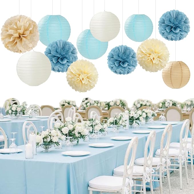 Dusty-Blue Champagne Party-Decorations Paper-Flowers Lanterns - Image 7