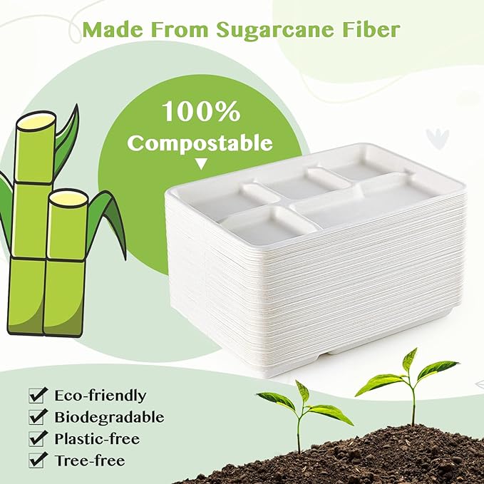 ECOLipak 100% Compostable 5 Compartment Plates, 100 Pack Disposable Compartment - Image 4