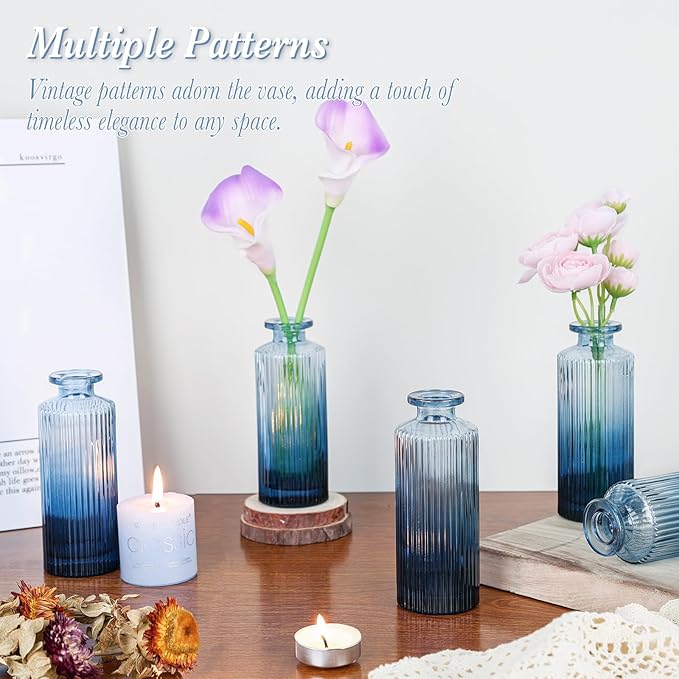 Navy Blue Glass Bud Vases Set of 12, Mini Ribbed Flower Vase - Image 7