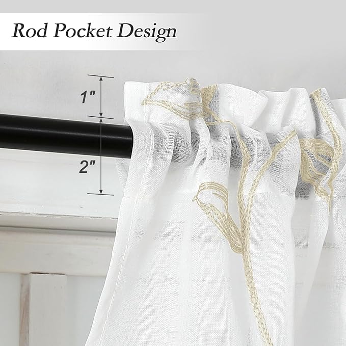 VISIONTEX Sheer Voile Curtain Valances, Decorative Leaves Embroidered, Rod - Image 3