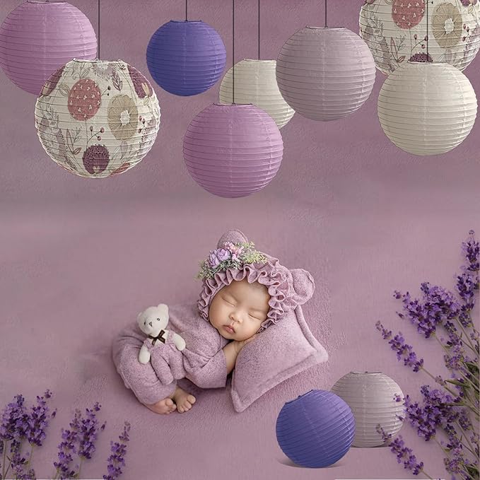 Paper Lanterns Party Decorations Size of 12’10’8inch Floral Pattern Purple Pink - Image 2