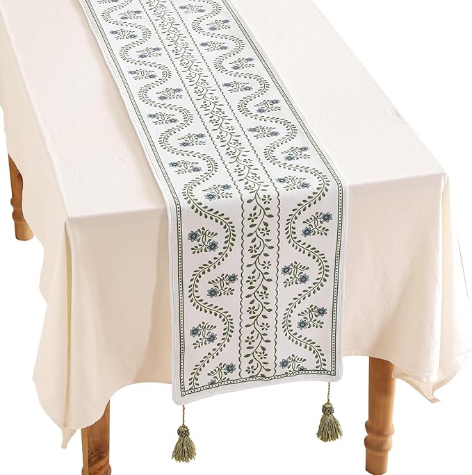 ISAENNE Designer White Elegant Linen Table Runner 102 Inches Long, Chinoiserie by Isaennehomedecoration