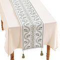 ISAENNE Designer White Elegant Linen Table Runner 71 Inches Long, Chinoiserie by Isaennehomedecoration