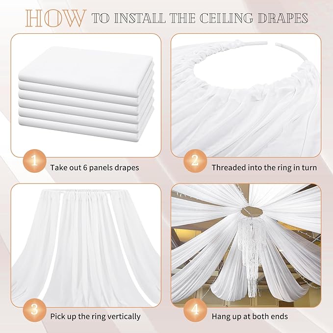 6 Panels White Ceiling Drapes for Wedding 5ftx15ft Sheer Drapery Chiffon Fabric - Image 4