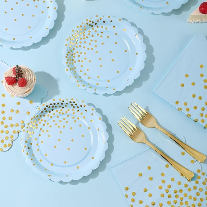 Light Blue Paper Plates and Napkins Party Supplies, Disposable Gold Dot Dessert - Image 5