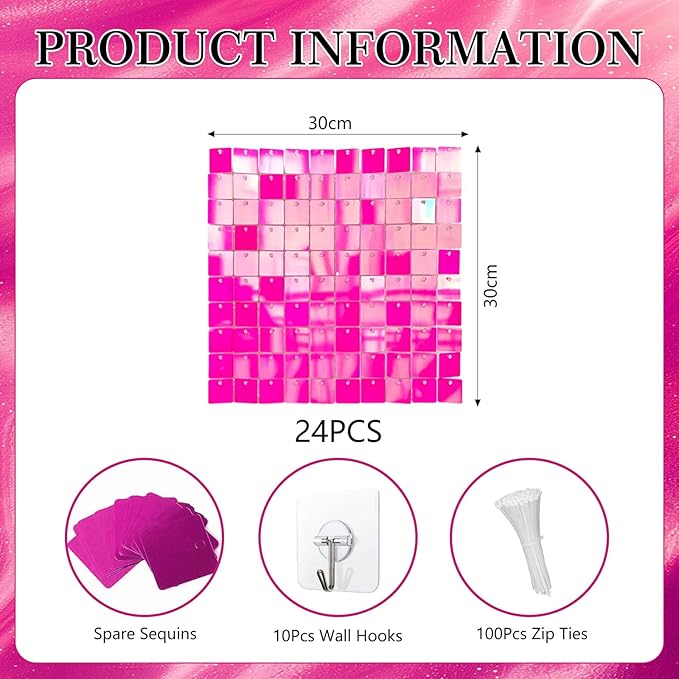 24PCS Colorful Pink Shimmer Wall Backdrop, Square Sequin Photo Backdrops Panel - Image 2