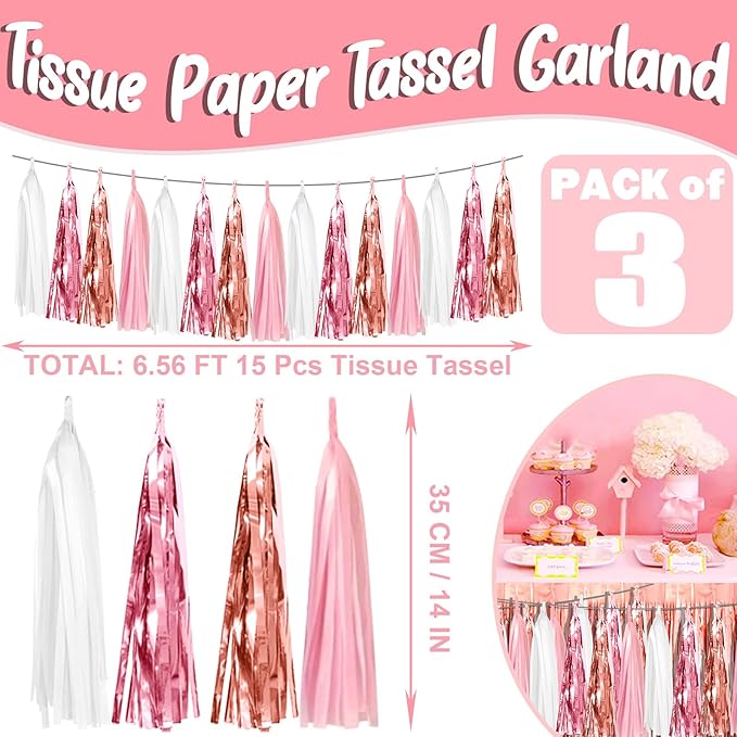 3P Pink White Peach Rose Gold Tassels Foil Fringe Metallic Garland Banner - Image 2