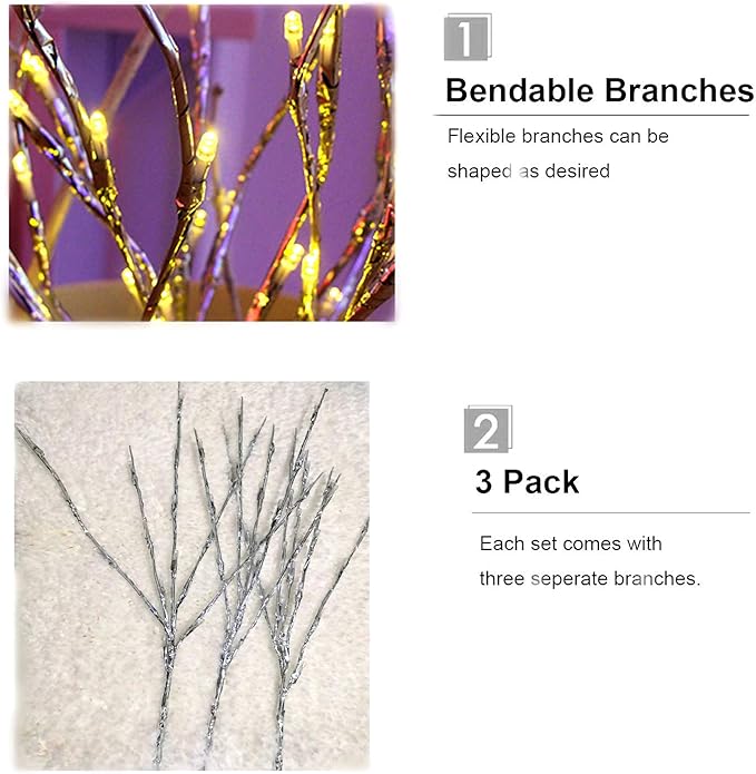 Autohigh 3-PK Lighted Branches 60 LEDs Warm White Lighting Artificial Willow - Image 4