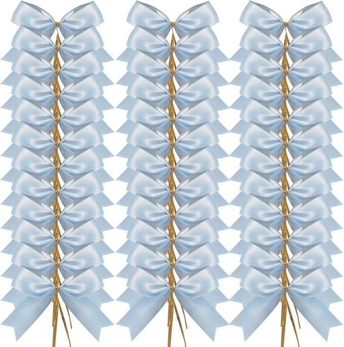 50pcs 3.5" Light Blue Satin Ribbon Bows Twist Ties Bows Wine Bows Tie - Image 2