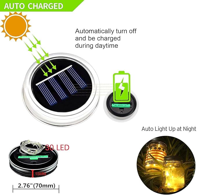 12 Pack Solar Mason Jar Lights for Outside, 30 LED Solar Mason Jar Lids Fairy - Image 3