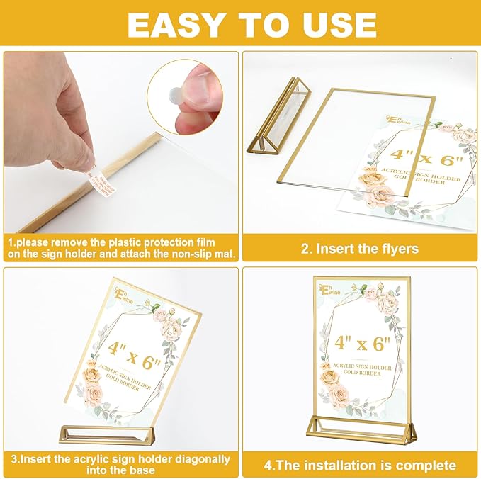 EHWINE 2 Pack Acrylic Sign Holder 4 x 6, Double Sided Gold Picture Frame Stand - Image 5