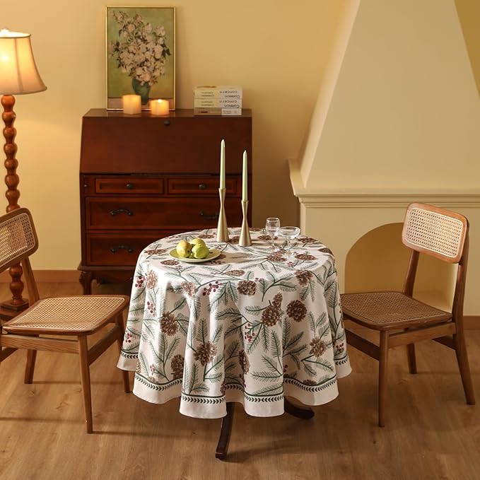 ISAENNE Designer Christmas Beige Linen Round Tablecloth, Pinecones Pattern - Image 5