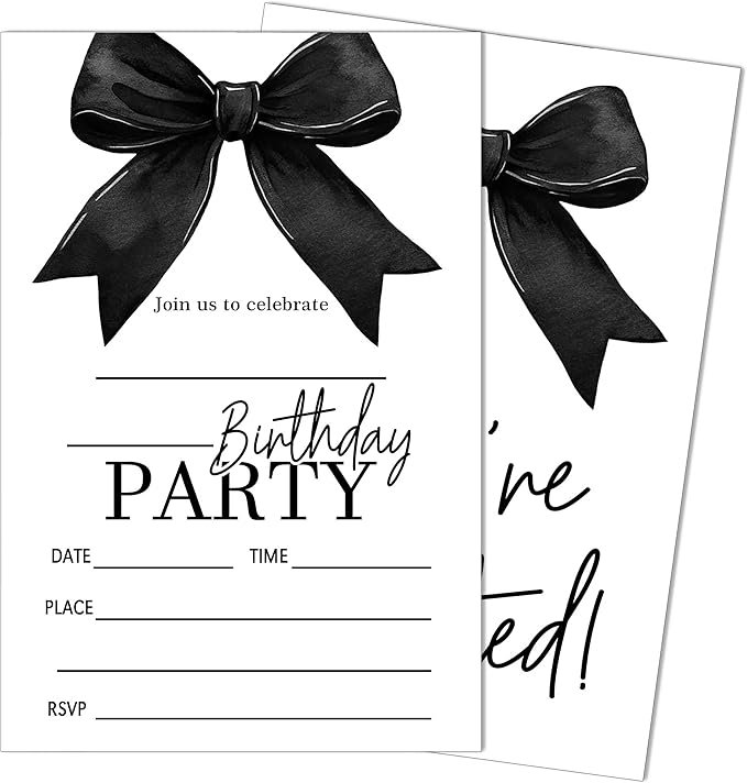SIXEIGHT Black Bow Birthday Invitations, 20 Party Invitations by SIXEIGHT