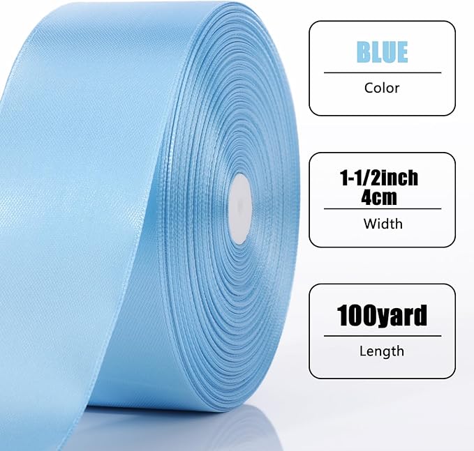 NESCCI 100 Yards Ribbon, 1-1/2 Inch Sky Blue Satin Ribbon, Single Face Satin - Image 2