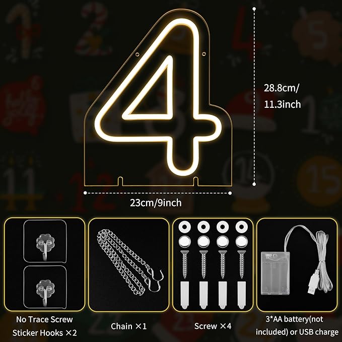 Number 4 LED Neon Sign Backdrop Birthday Party Decoration, 11.3" Height Warm - Image 3