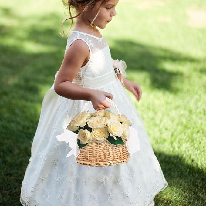 Wicker Rattan Flower Girl Basket Rustic Wedding Flower Girl Basket - Image 3