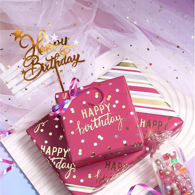 LeZakaa Reversible Pink Birthday Wrapping Paper Roll - Image 3