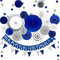 Navy Blue and Silver Happy Birthday Party Decoration 24Pcs Hanging Paper Fans by Marwey