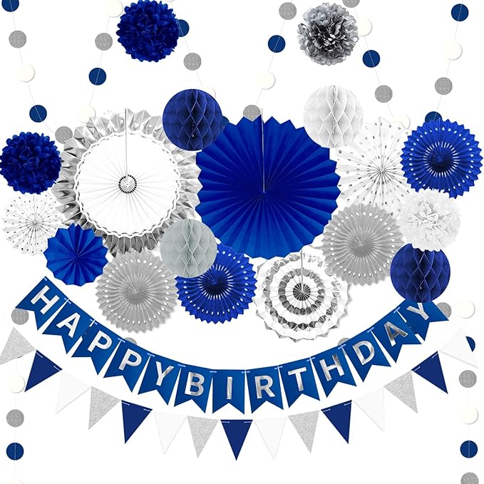 Navy Blue and Silver Happy Birthday Party Decoration 24Pcs Hanging Paper Fans by Marwey