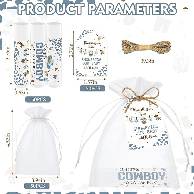 50 PCS Baby Shower Cowboy Lip Balm Bulk Neutral Gender Reveal Boys Girls Games - Image 2