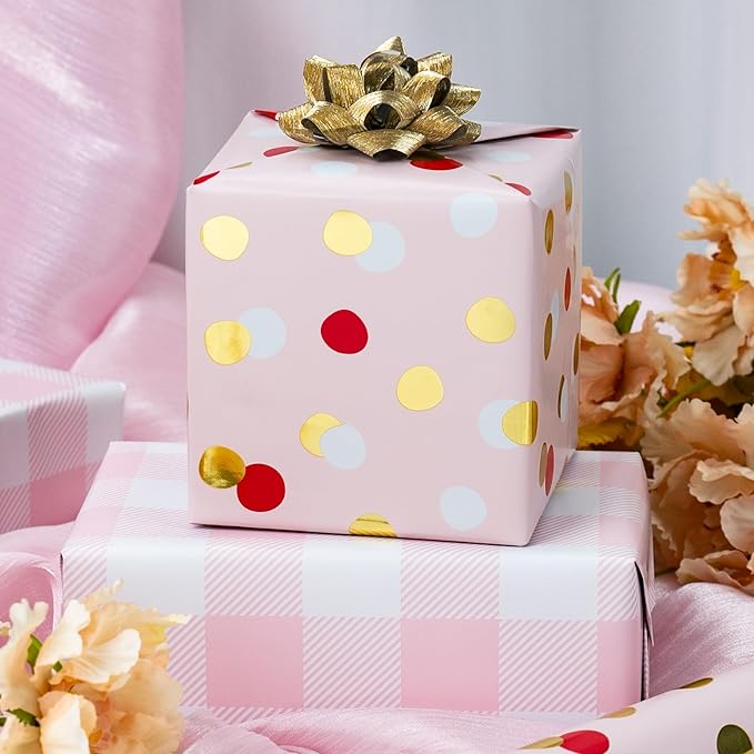 Burymento Red Gold Dots Wrapping Paper, Reversible Pink Lattice Design Gift Wrap - Image 6