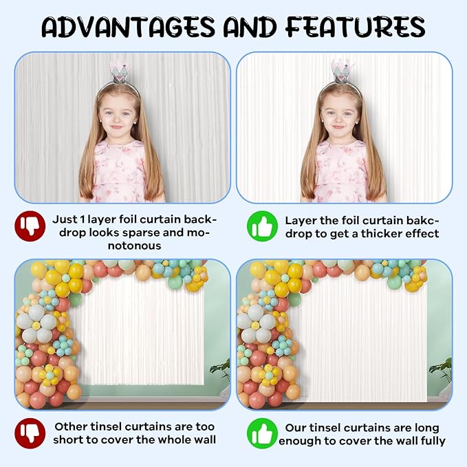 2 Pack White Foil Fringe Backdrop Curtains, Tinsel Streamers Birthday Party - Image 5