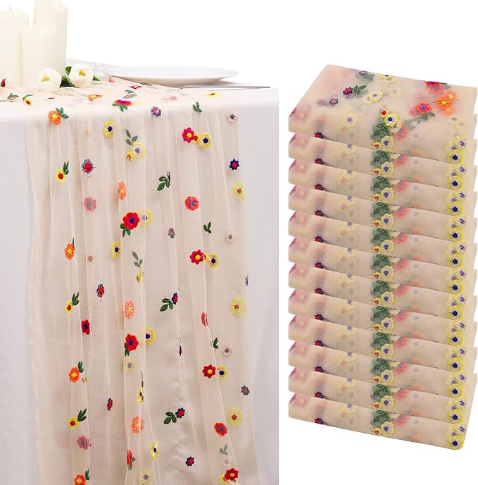 BINBE 12pcs Daisy Fall Table Runner Embroidery Gauze 10FT Florals Seasonal by BINBE