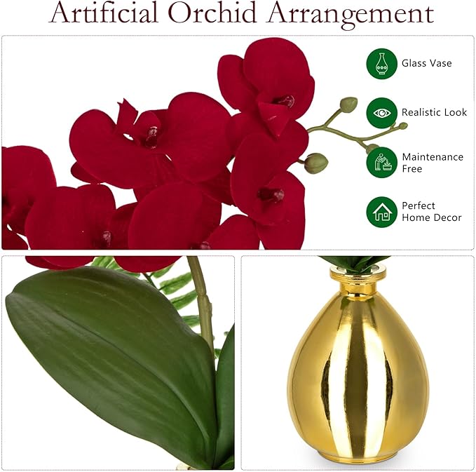Red Orchids Artificial Flowers, Faux Orchid in Glass Vase Real Touch Small - Image 3
