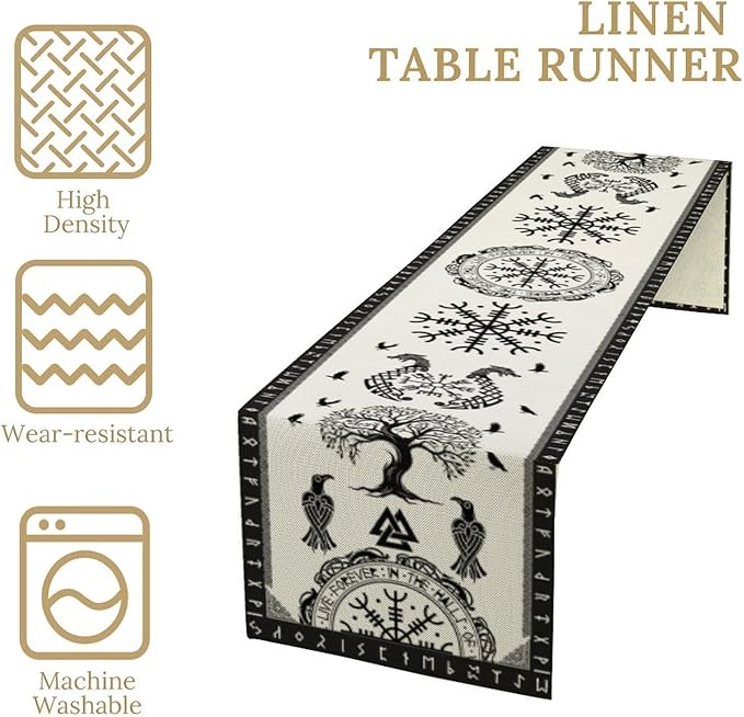 Ancient Abstract Pattern Table Runner, Tree of Life Eagle Dragon Boat Rudder - Image 4